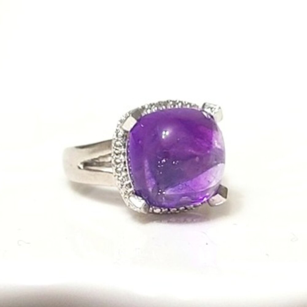 Vintage Boho Sterling Silver Purple Amethyst Crystal Cabochon Cocktail Ring 6